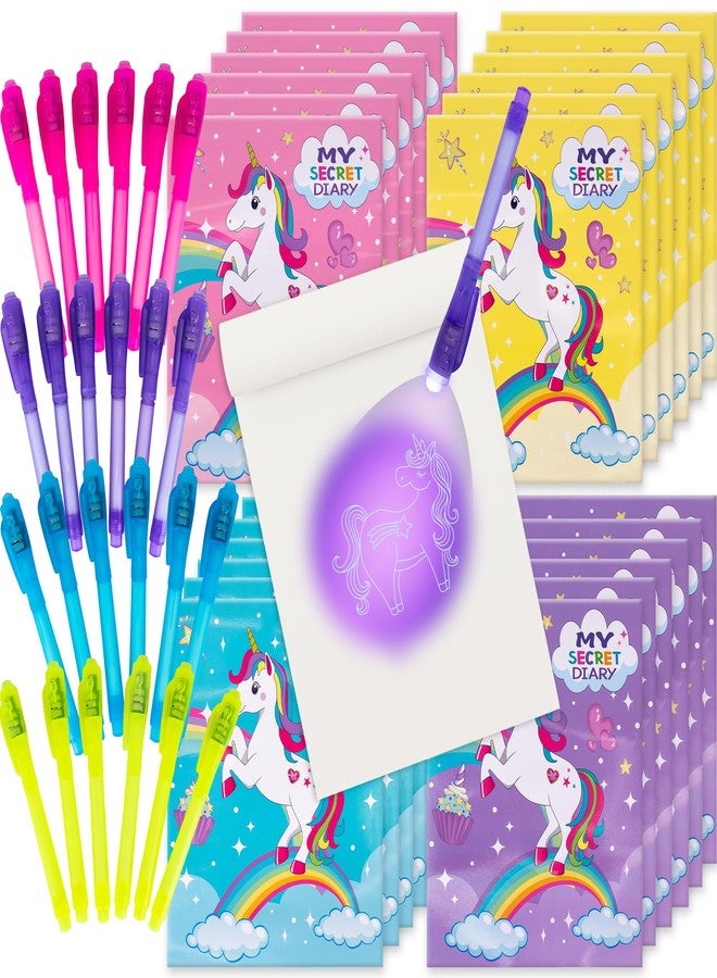 ArtCreativity Invisible Ink Pen & Notepad Kit - 24 Sets of Unicorn Party Favor Kits - 24 UV Light Pens and 24 Secret Diary Notebooks - Spy Pen Unicorn Birthday Party Supplies - Kids Stationery Sets - Image 1
