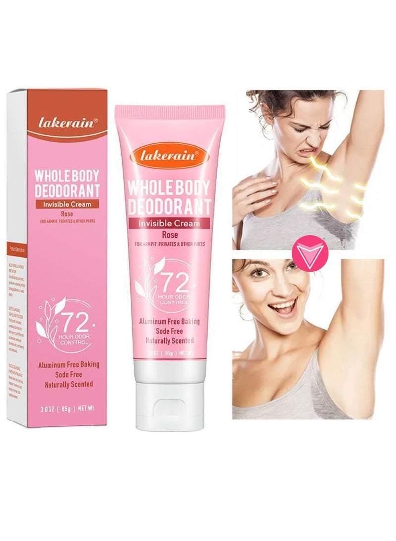 lakerain مزيل العرق لكامل الجسم بوزن 85 جرام، كريم مزيل لرائحة العرق تحت الإبط لمدة 72 ساعة، مضاد للتعرق، جل شفاف، خالٍ من صودا الخبز، كريم طبيعي للعناية بالبشرة - Image 4