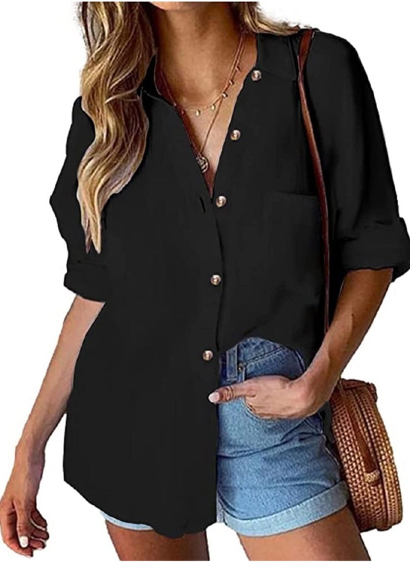 SunSet - Sunset Women SOFT Button Down Casual Blouse Tops BLACK - Image 1