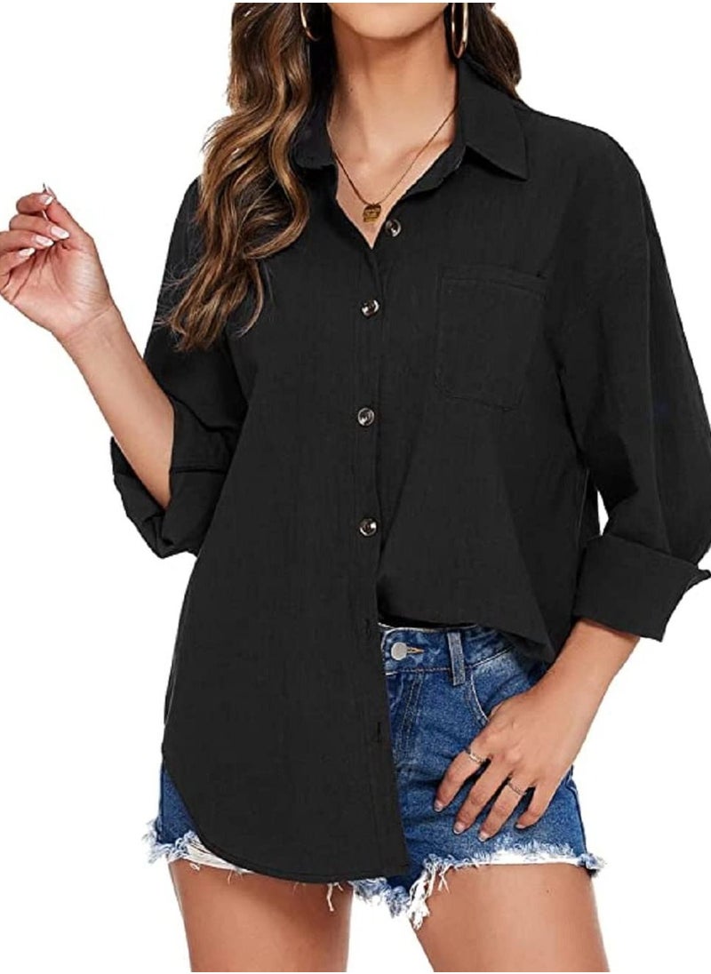 SunSet - Sunset Women SOFT Button Down Casual Blouse Tops BLACK - Image 1