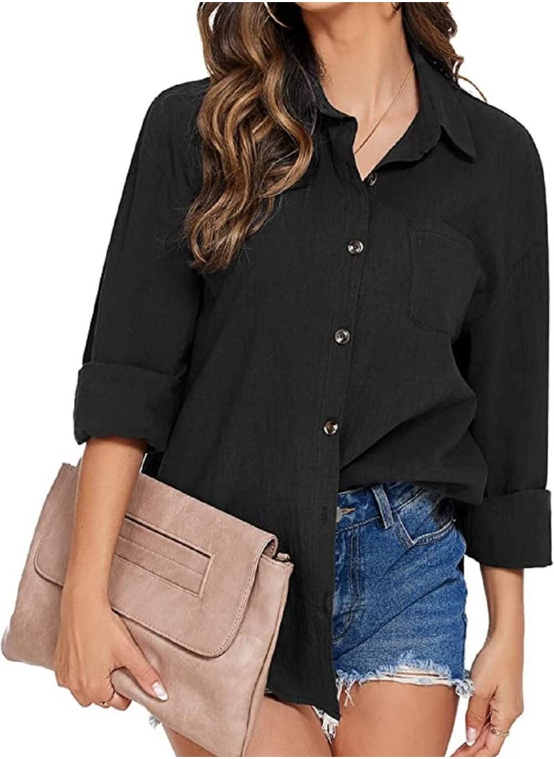 SunSet - Sunset Women SOFT Button Down Casual Blouse Tops BLACK - Image 1