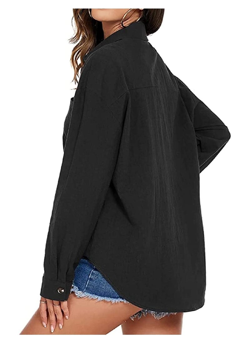 SunSet - Sunset Women SOFT Button Down Casual Blouse Tops BLACK - Image 1