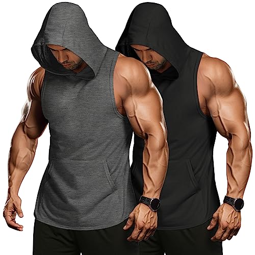 COOFANDY Mens Workout Hooded Tank Tops Bodybuilding Muscle Cut Off T Shirt Sleeveless Gym Lifting Hoodies 2 Pack - Image 1