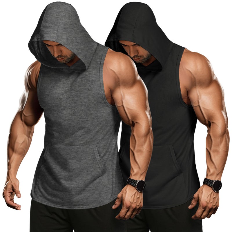 COOFANDY Mens Workout Hooded Tank Tops Bodybuilding Muscle Cut Off T Shirt Sleeveless Gym Lifting Hoodies 2 Pack - Image 2