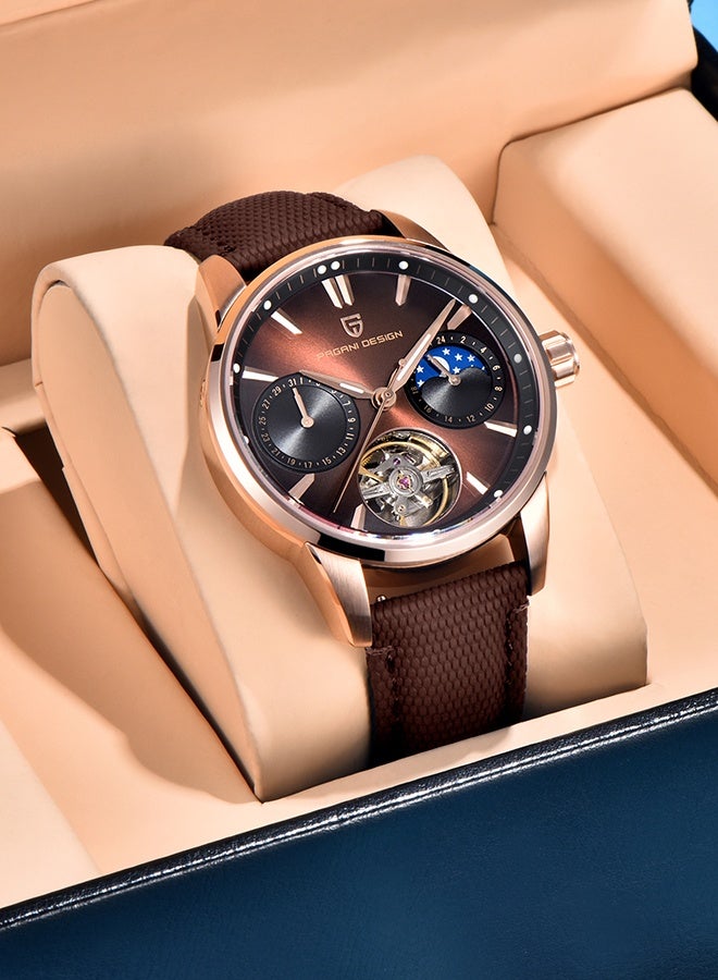 PAGANI DESIGN Automatic Men's Watch 41MM Leather Stainless Steel Business Wrist Watch for Men, Synthetic Sapphire Dial Glass,Gold Brown - Image 3