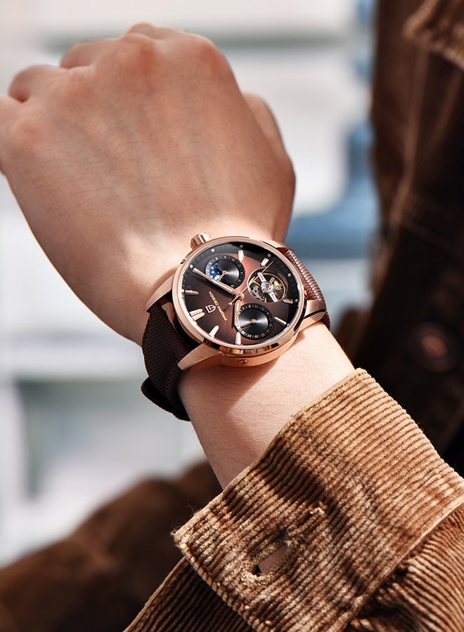 PAGANI DESIGN Automatic Men's Watch 41MM Leather Stainless Steel Business Wrist Watch for Men, Synthetic Sapphire Dial Glass,Gold Brown - Image 2