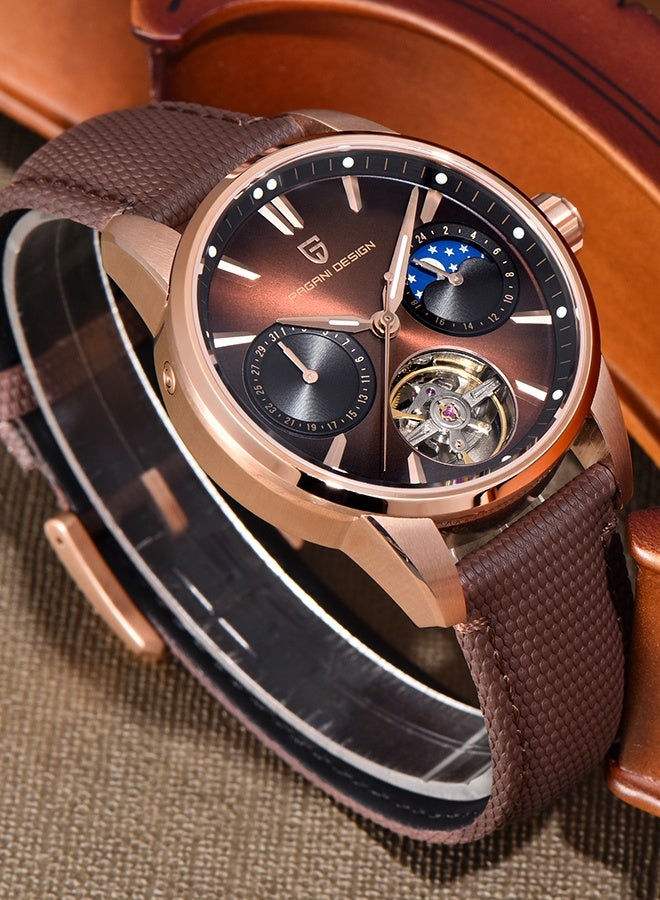 PAGANI DESIGN Automatic Men's Watch 41MM Leather Stainless Steel Business Wrist Watch for Men, Synthetic Sapphire Dial Glass,Gold Brown - Image 4