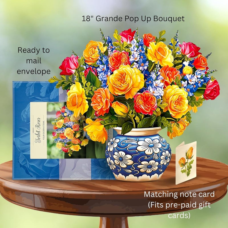 Freshcut Paper Pop Up Cards, Paper Flower Bouquet 3D Popup Greeting Cards with Note Card & Envelope, Birthday Card, Anniversary, Get Well Gifts, 18" Grande Sorbet Roses - Image 3