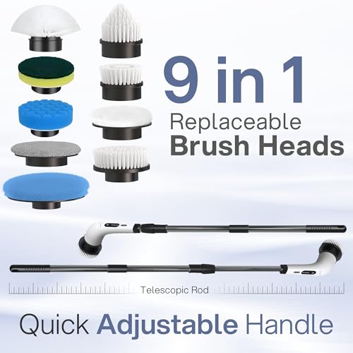 Roboson Electric Spin Scrubber,Cordless Cleaning Brush with 9 Brush Heads,425 RPM,90 Mins Runtime,IPX6 Waterproof,Adjustable Length,3 Speeds,Ideal for Bathroom,Kitchen,Glass,Utensil & Car,White - Image 4
