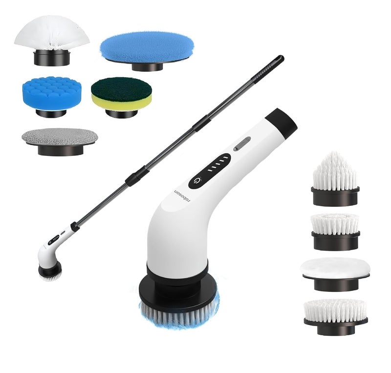 Roboson Electric Spin Scrubber,Cordless Cleaning Brush with 9 Brush Heads,425 RPM,90 Mins Runtime,IPX6 Waterproof,Adjustable Length,3 Speeds,Ideal for Bathroom,Kitchen,Glass,Utensil & Car,White - Image 1