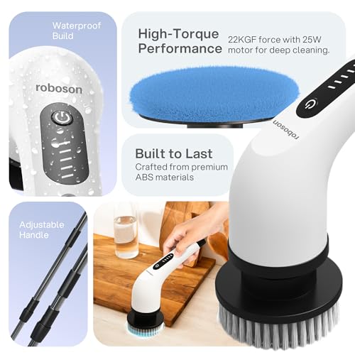 Roboson Electric Spin Scrubber,Cordless Cleaning Brush with 9 Brush Heads,425 RPM,90 Mins Runtime,IPX6 Waterproof,Adjustable Length,3 Speeds,Ideal for Bathroom,Kitchen,Glass,Utensil & Car,White - Image 2