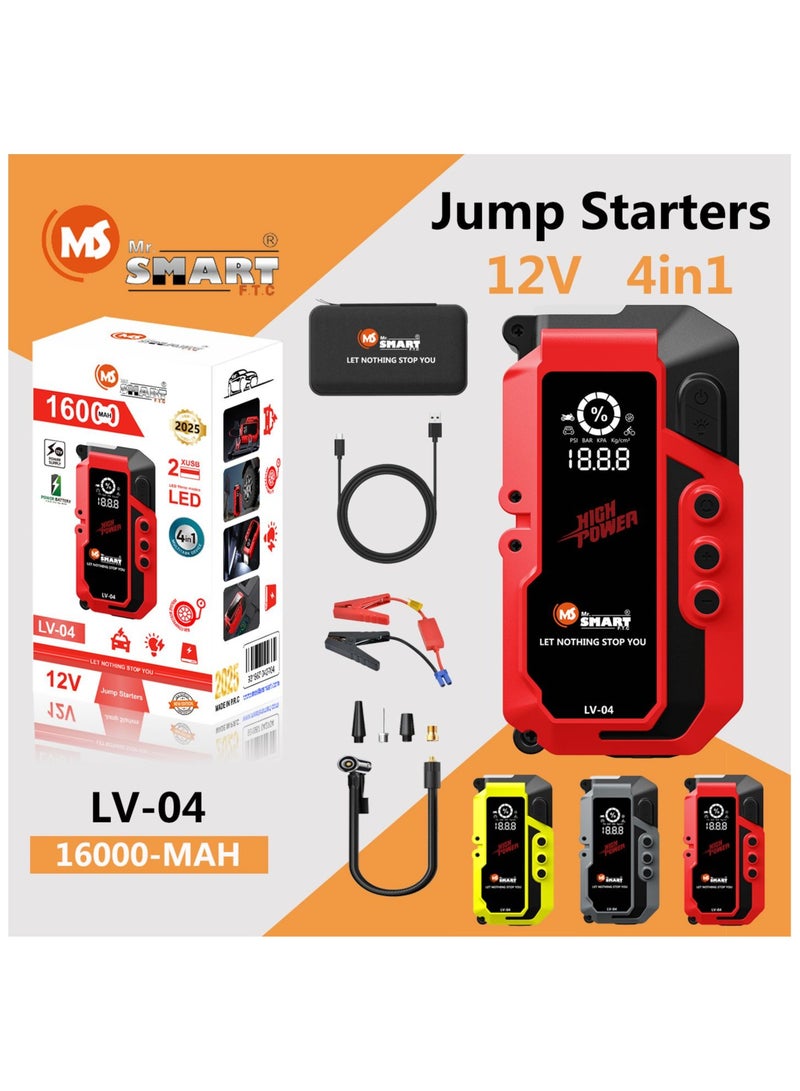 MR.SMART LV-04 Car Jump Starter, 12V 16000mAh, 4-in-1 Portable Power Bank with LED Light, Black and Red - Image 1
