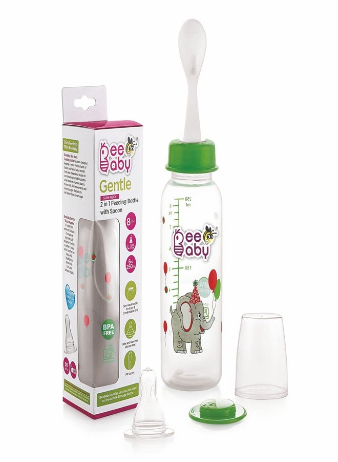 BeeBaby Gentle 2 in 1 Slim Neck Baby Feeding Bottle with Anti-Colic Silicone Nipple & (Plastic) Feeder Spoon, 8M+. (Green, 250 ml) - Image 1