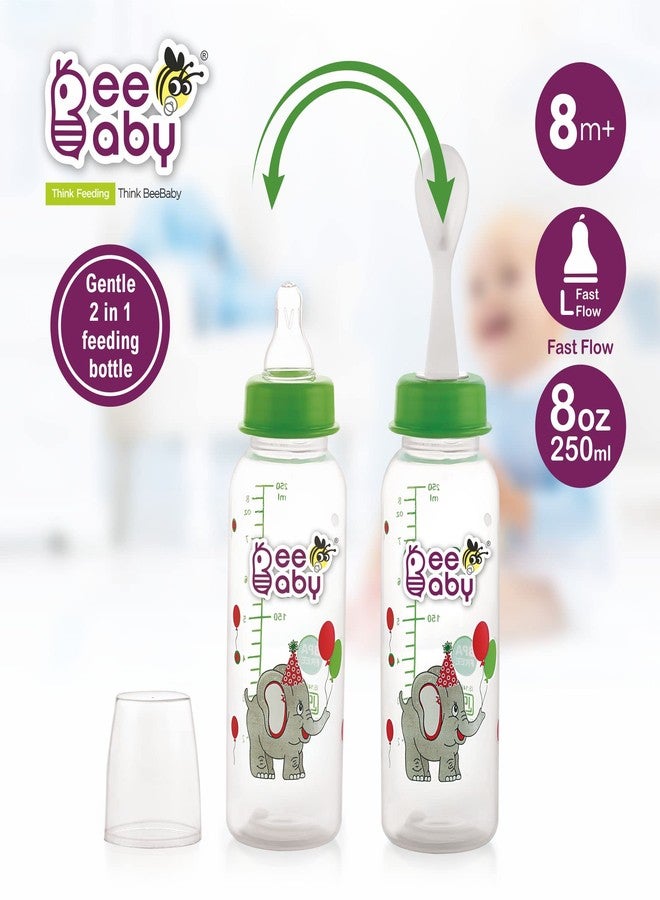 BeeBaby Gentle 2 in 1 Slim Neck Baby Feeding Bottle with Anti-Colic Silicone Nipple & (Plastic) Feeder Spoon, 8M+. (Green, 250 ml) - Image 2