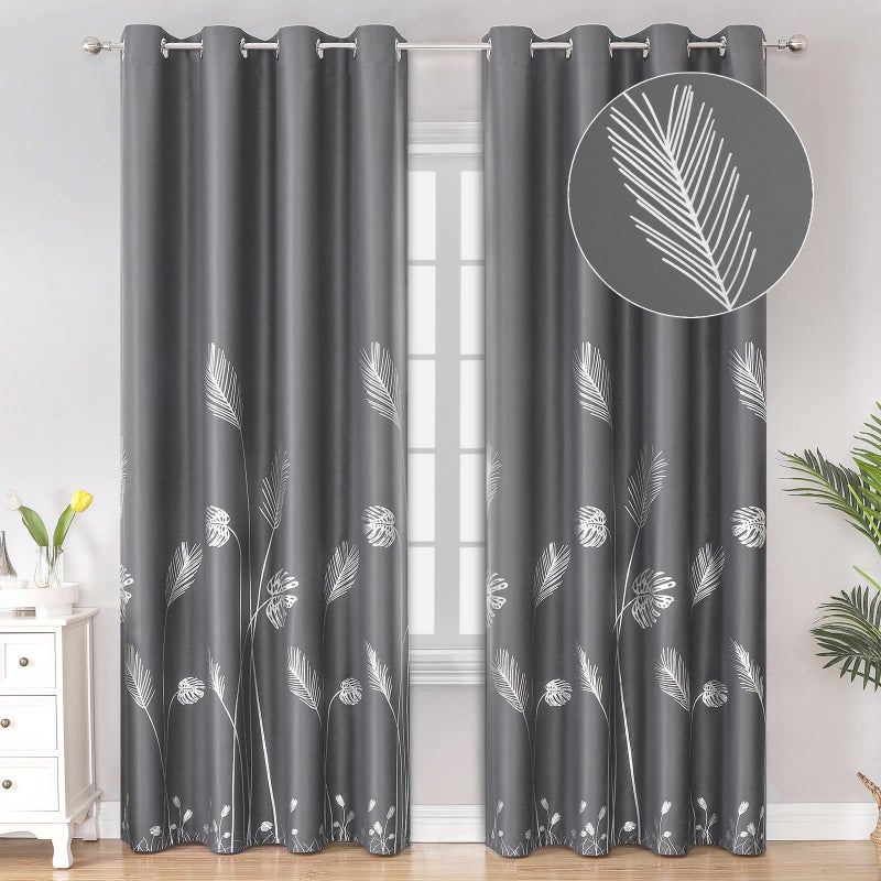 Estelar Textiler Window Curtain 2 Panels Blackout Thermal Insulated Light Blocking Silver Tropical Palm Blackout Curtains for Bedroom Living Room 52Wx96L Dark Grey 1 Pair