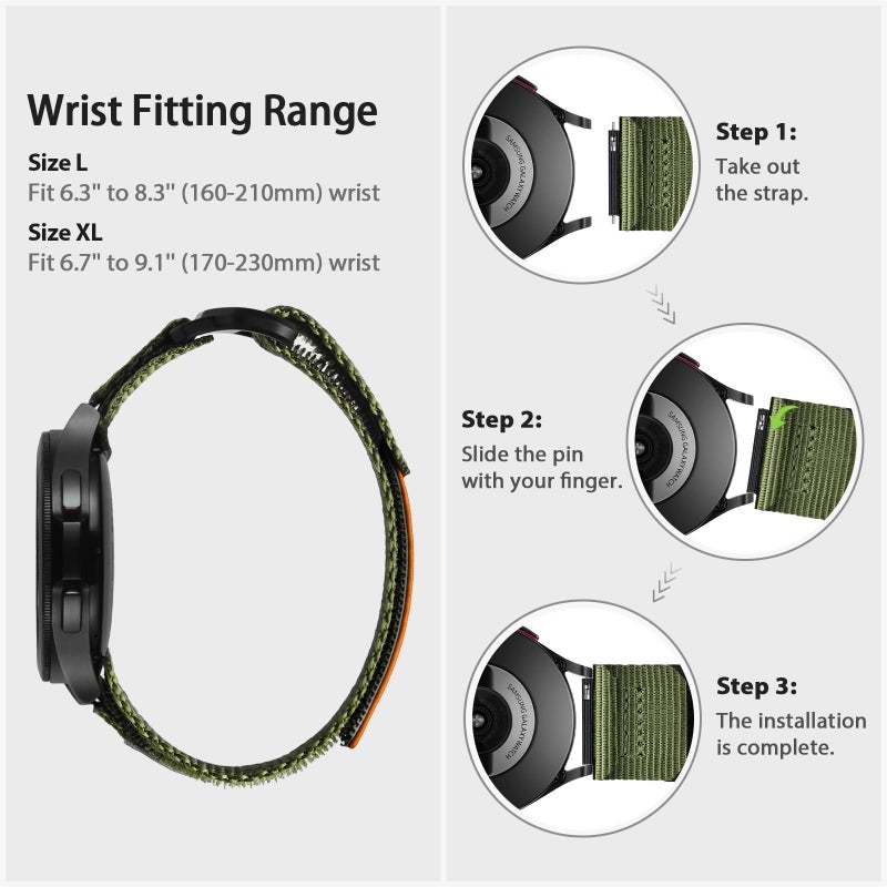 ULTIMAL Compatible with Samsung Galaxy Watch 7 6 5 4 FE 40mm 44mm/6 Classic 43mm 47mm/5 Pro 45mm/4 Classic 42mm 46mm, 20mm Nylon Adjustable Sports Strap for Men Women (ARMY GREEN, L) - Image 4
