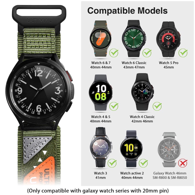 ULTIMAL Compatible with Samsung Galaxy Watch 7 6 5 4 FE 40mm 44mm/6 Classic 43mm 47mm/5 Pro 45mm/4 Classic 42mm 46mm, 20mm Nylon Adjustable Sports Strap for Men Women (ARMY GREEN, L) - Image 3