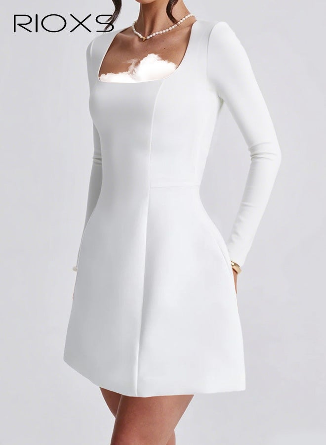 ريوكس فستان قصير بأكمام طويلة ورقبة مربعة للنساء، فستان قصير أنيق بخصر عالٍ وخط A للسيدات، فستان رسمي بسحاب لحفلات العشاء وحفلات النادي والمواعدة وحفلات التخرج والعطلات وحفلات الزفاف والمزيد، أبيض - Image 2
