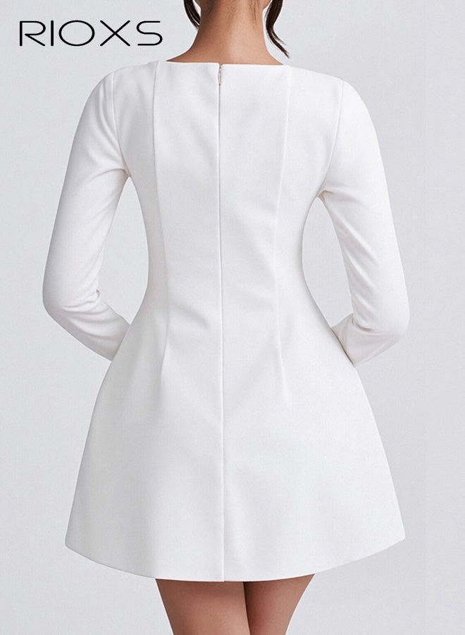 ريوكس فستان قصير بأكمام طويلة ورقبة مربعة للنساء، فستان قصير أنيق بخصر عالٍ وخط A للسيدات، فستان رسمي بسحاب لحفلات العشاء وحفلات النادي والمواعدة وحفلات التخرج والعطلات وحفلات الزفاف والمزيد، أبيض - Image 3