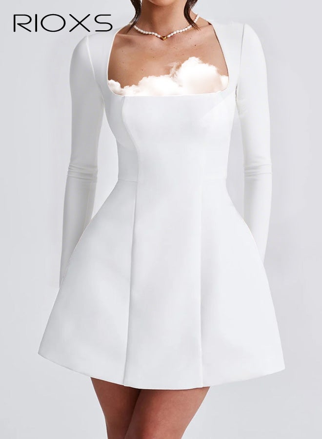 ريوكس فستان قصير بأكمام طويلة ورقبة مربعة للنساء، فستان قصير أنيق بخصر عالٍ وخط A للسيدات، فستان رسمي بسحاب لحفلات العشاء وحفلات النادي والمواعدة وحفلات التخرج والعطلات وحفلات الزفاف والمزيد، أبيض - Image 1