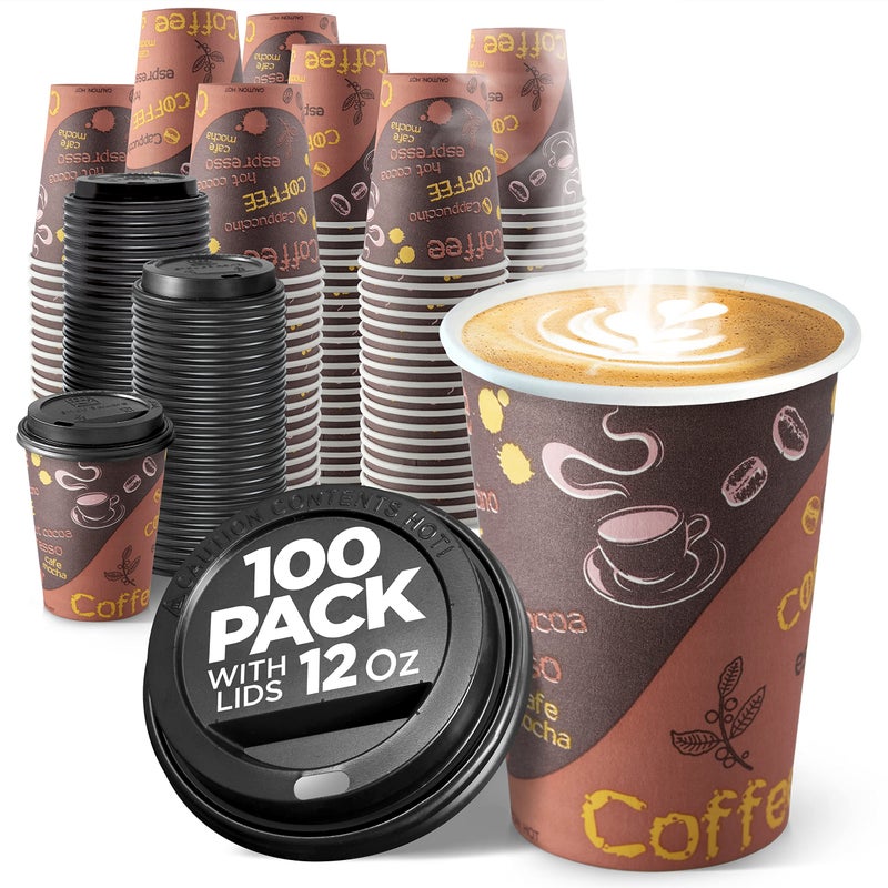 Shop Square Disposable Coffee Cups with Lids 12 oz (100 Pack) - To Go Paper for Hot & Cold Beverages, Coffee, Tea, Chocolate, Water, Juice Eco Friendly - Image 1