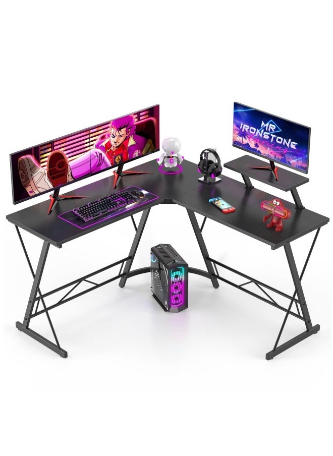 ADEBOLA - Computer Corner Desk,L Shaped Gaming Table with Large Monitor Stand for Home Office,Sturdy Writing Workstation,Gaming Desk with Shelf, Save Space, 129X46X74 Cm Black - Image 1