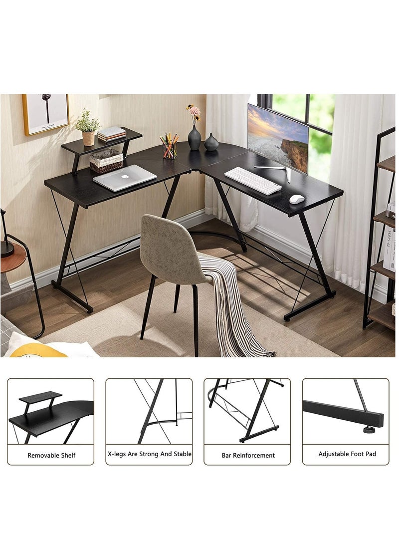 ADEBOLA - Computer Corner Desk,L Shaped Gaming Table with Large Monitor Stand for Home Office,Sturdy Writing Workstation,Gaming Desk with Shelf, Save Space, 129X46X74 Cm Black - Image 1