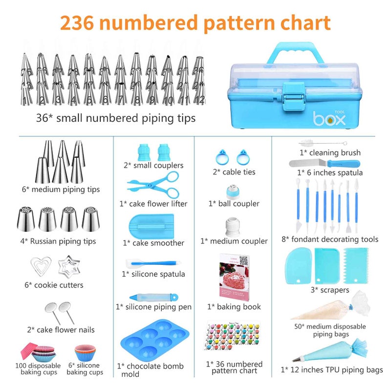 AUKOW Cake Decorating Tools Supplies Kit: 236pcs Baking Accessories with Storage Case - Piping Bags and Icing Tips Set - Cupcake Cookie Frosting Fondant Bakery Set for Adults Beginners or Professional, Blue - Image 2