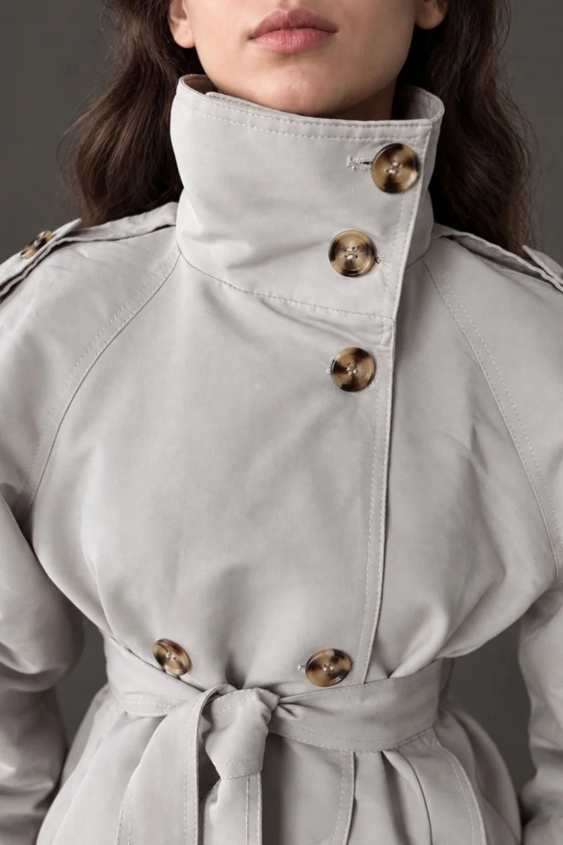 Hiccup Natural Stand Collar Trench Jacket for Women | Best Price UAE
