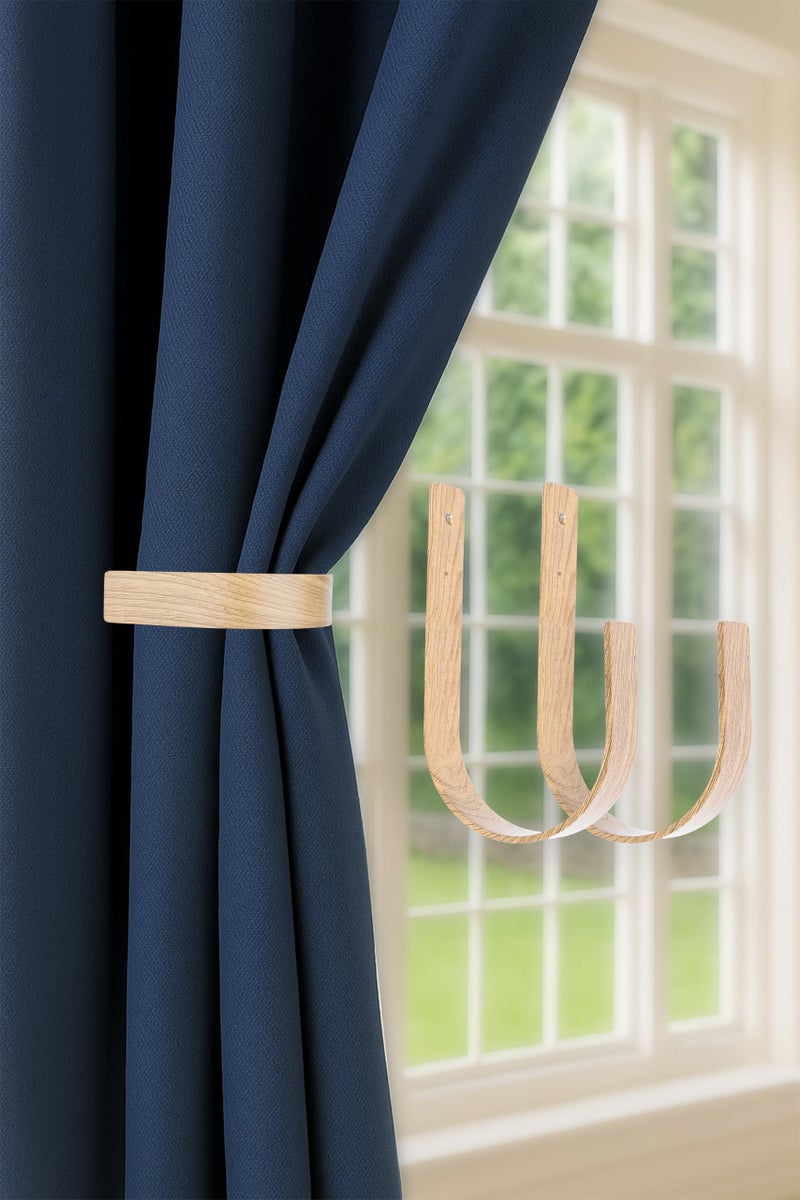 Colornest Curtain Holdbacks 2 Pack Modern Curtain Tiebacks Wall Mount | Oak Wood Look Solid Aluminum U Shaped Drapery Wall Hooks Drapery-Pull Backs Curtain Holders Curtain Tie Backs - Image 1