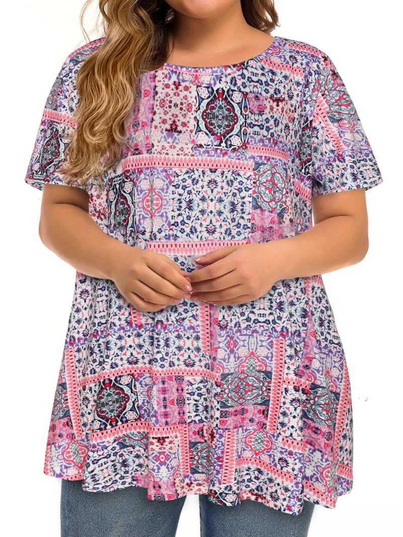 JOELLYUS Plus Size Tops for Women Tunic Floral Casual Short Sleeves T Shirts Flowy Blouses(PKSPL,3XL) - Image 1