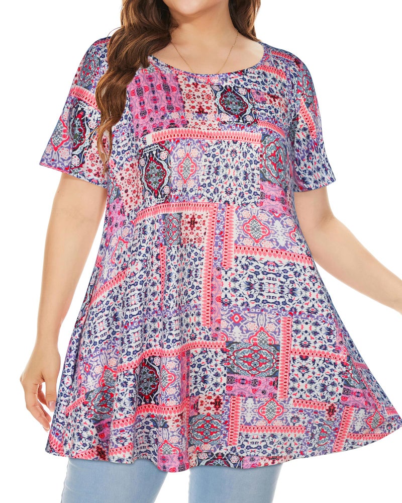 JOELLYUS Plus Size Tops for Women Tunic Floral Casual Short Sleeves T Shirts Flowy Blouses(PKSPL,3XL) - Image 2