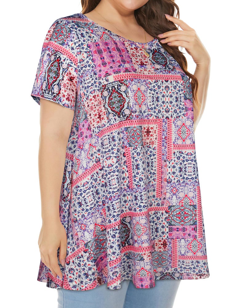 JOELLYUS Plus Size Tops for Women Tunic Floral Casual Short Sleeves T Shirts Flowy Blouses(PKSPL,3XL) - Image 4