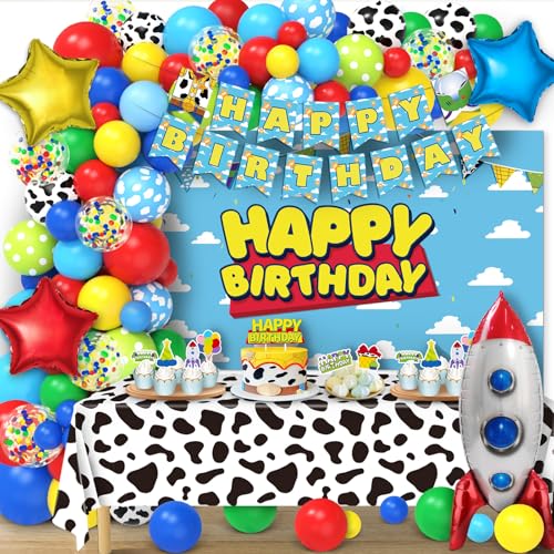 Wakeys Toy Inspired Story Birthday Party Decorations Include Banner Balloons Backdrop Cake Topper Tablecloth 116 Pcs Toy Themed Story Decorations for Birthday Party - Image 1
