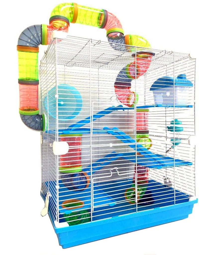 Mcage Large 5-Floors Blue Hamster Mansion Habitat Home House Cage Paw Safe Solid Platform with Hide House Running Excerise Wheel Food Bowl Water Bottle Deep Base - Image 1