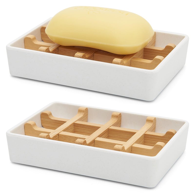 Maqqet Bamboo Soap Dishes For Shower Wooden Soap Bar Holder For Bathroom Soap Tray Easy To Clean  Durable And With Non-Slip Pads(Single White Square) - Image 1
