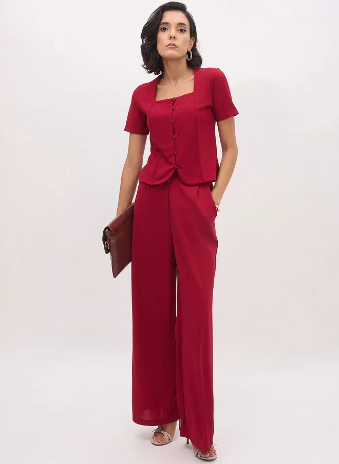 SASSAFRAS Maroon High-Rise Straight Fit Trousers for Women