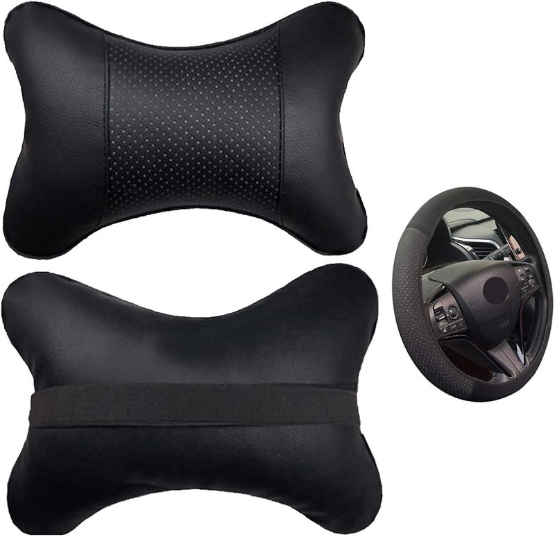yuhuru Car Neck Pillows Both Side Pu Leather 2pieces Pack Headrest Fit for Most Cars Filled Fiber Universal Car Pillow (Pillow+Wheel Cover) - Image 1