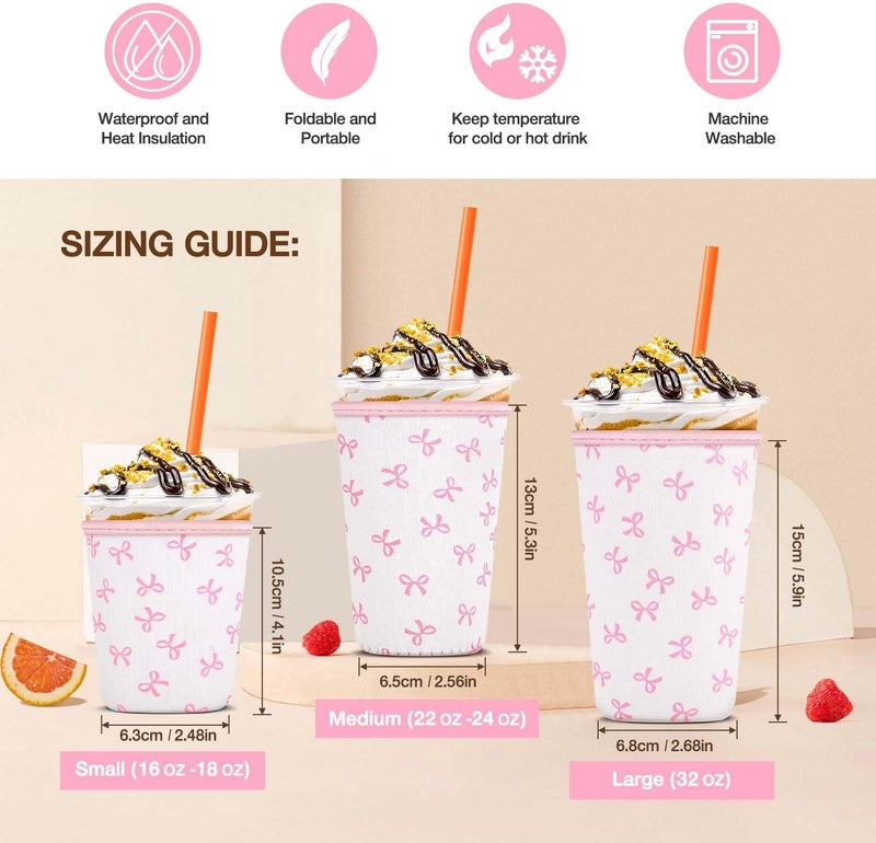 كي بي اكس 3 Pack Iced Coffee Cup Sleeve for Large Sized Cups, Reusable Neoprene Iced Coffee Cup Holder for Hot Cold Drinks, Compatible with Starbucks, Dunkin Donuts, and More（Pink Bow） - Image 2