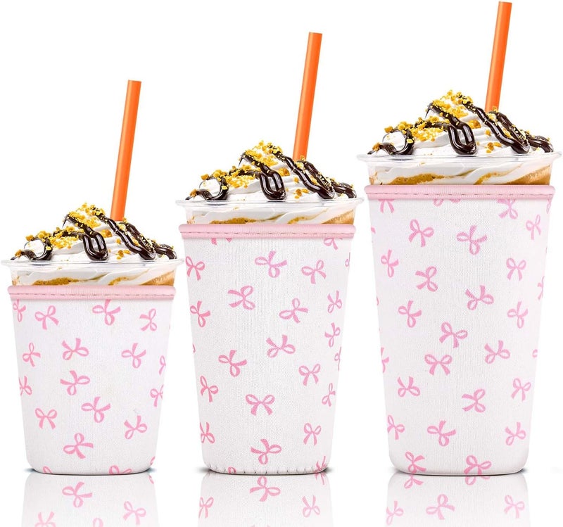 كي بي اكس 3 Pack Iced Coffee Cup Sleeve for Large Sized Cups, Reusable Neoprene Iced Coffee Cup Holder for Hot Cold Drinks, Compatible with Starbucks, Dunkin Donuts, and More（Pink Bow） - Image 1