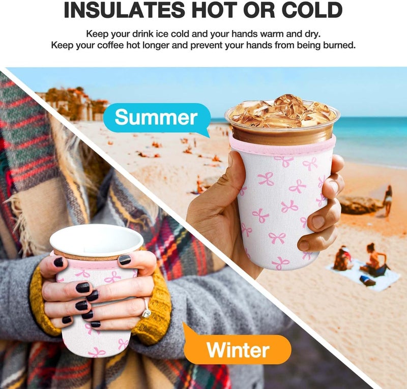 كي بي اكس 3 Pack Iced Coffee Cup Sleeve for Large Sized Cups, Reusable Neoprene Iced Coffee Cup Holder for Hot Cold Drinks, Compatible with Starbucks, Dunkin Donuts, and More（Pink Bow） - Image 4