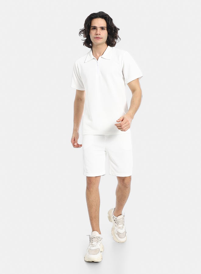 Red Circle White Turn Down Collar Zipped T-Shirt and Shorts Set - Image 1