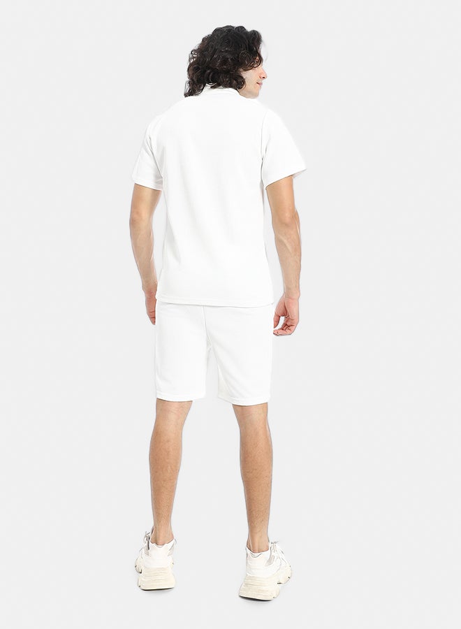 Red Circle White Turn Down Collar Zipped T-Shirt and Shorts Set - Image 3