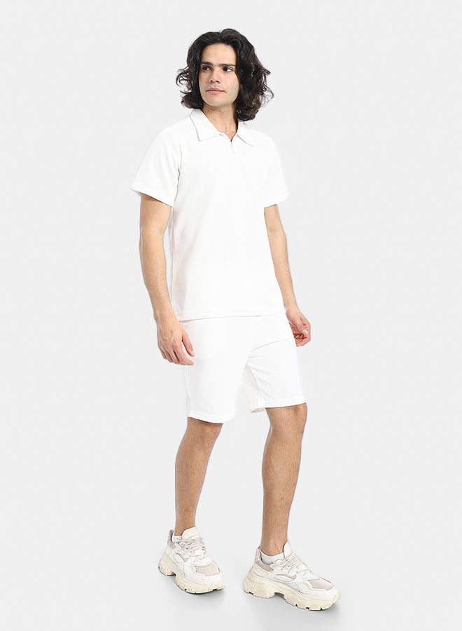 Red Circle White Turn Down Collar Zipped T-Shirt and Shorts Set - Image 2