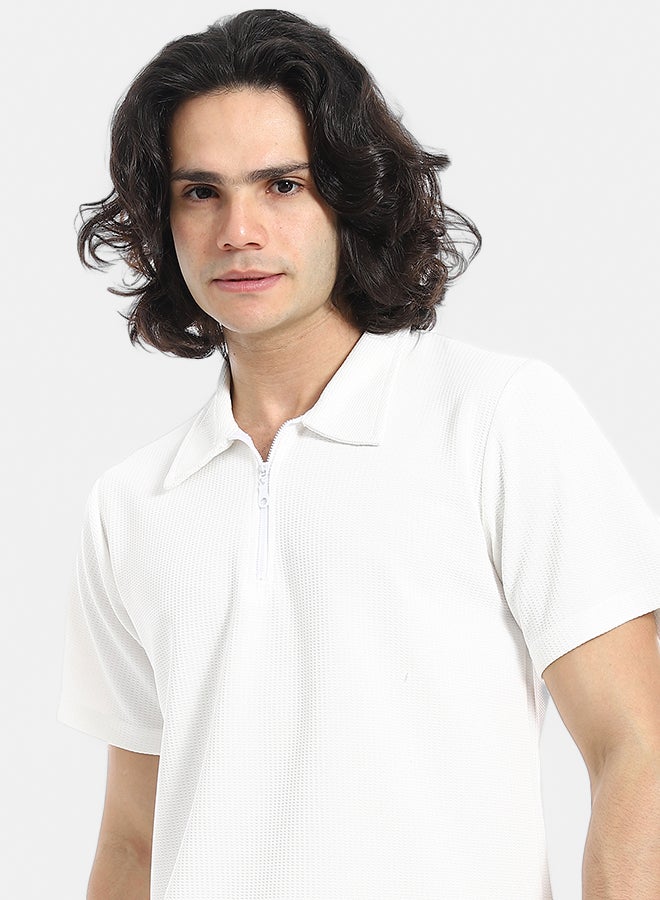 Red Circle White Turn Down Collar Zipped T-Shirt and Shorts Set - Image 4