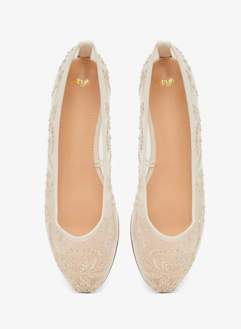 Styli  Women Beige Embellished Mesh Ballerina for Women | Best Price UAE