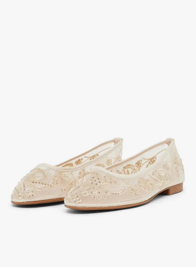 Styli  Women Beige Embellished Mesh Ballerina for Women | Best Price UAE
