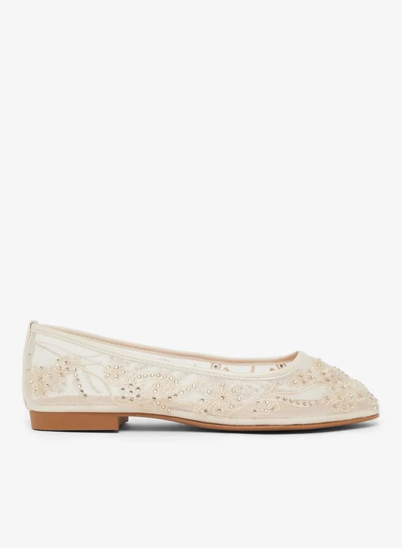 Women Beige Embellished Mesh Ballerina