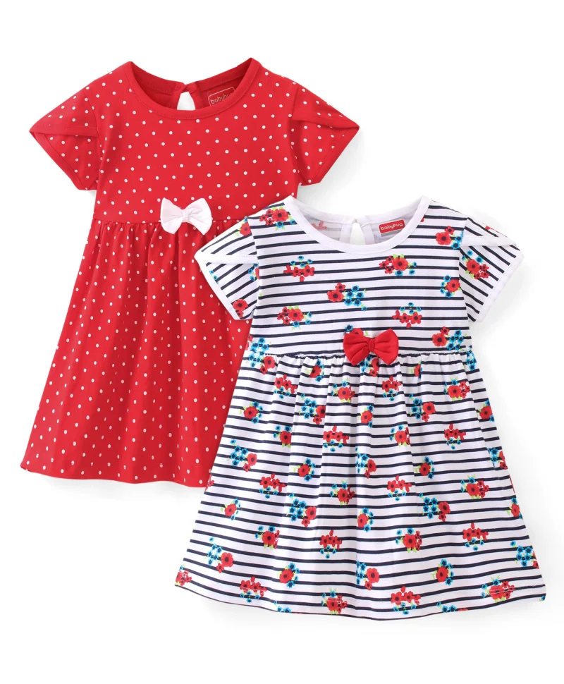babyhug Babyhug Cotton Knit Half Sleeves Frocks with Floral Print & Striped Pack of 2 - Red