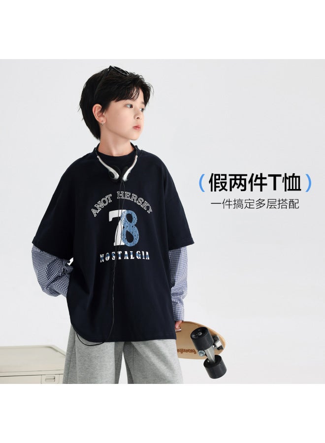 Boys' Spring Fake Two-piece Plaid Patchwork Long-sleeve T-shirt  New Style Loose Top For Teenagers And Children